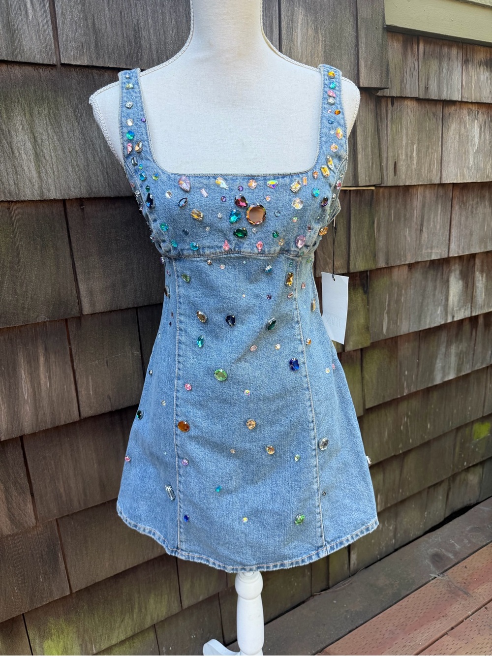 ZARA blue denim mini dress with rhinestones sleeveless Sz M NWT. - Picture 5 of 11
